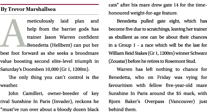 ￼ A meticulously laid plan and help from the barrier gods has trainer Jason Warren confident Benedetta (Hellbent) can...