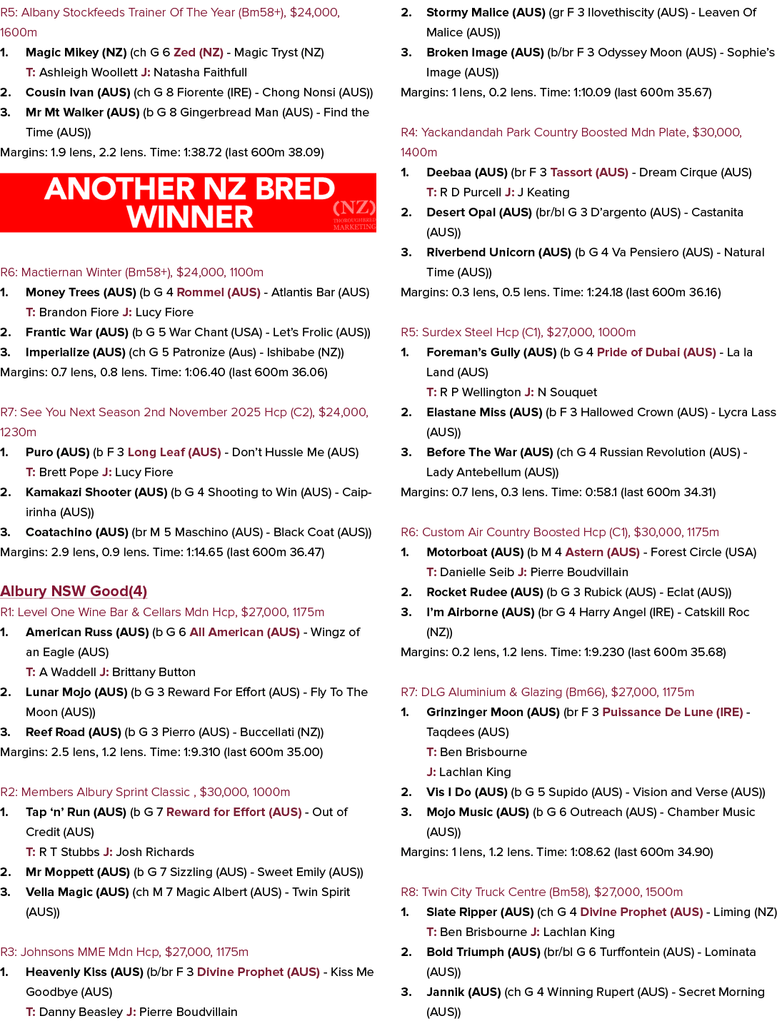 R5: Albany Stockfeeds Trainer Of The Year (Bm58+), $24,000, 1600m 1. Magic Mikey (NZ) (ch G 6 Zed (NZ) Magic Tryst (N...