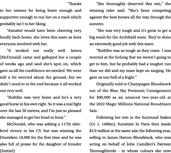  \“Thanks to her owners for being brave enough and supportive enough to run her on a track which probably isn’t to he...