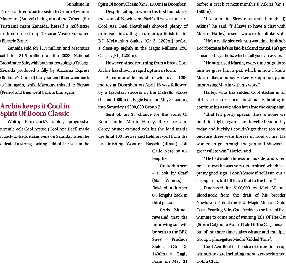 Sunshine In Paris is a three quarter sister to Group 3 winner Macroura (Snitzel) being out of the Zabeel (Sir Tristra...