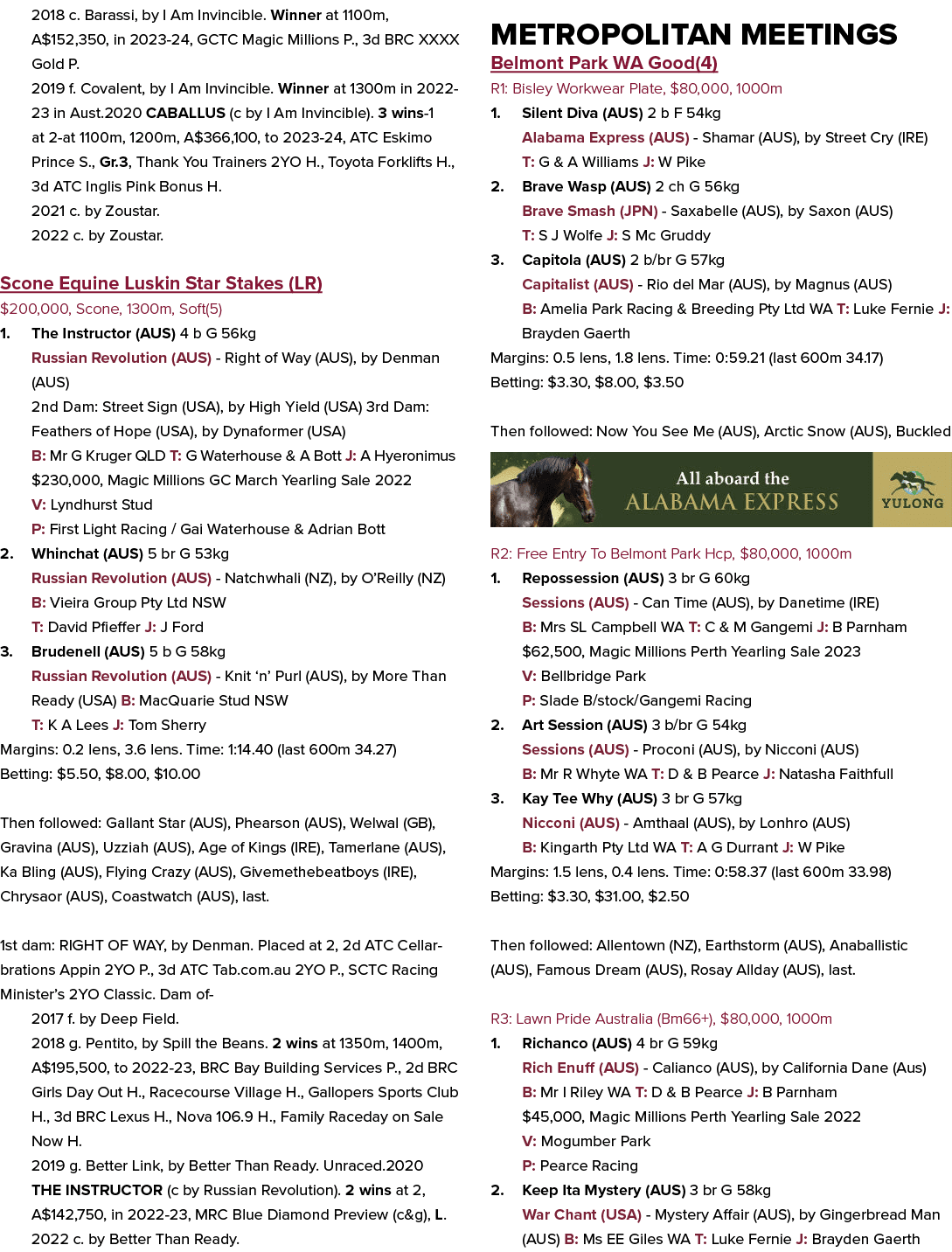 2018 c. Barassi, by I Am Invincible. Winner at 1100m, A$152,350, in 2023 24, GCTC Magic Millions P., 3d BRC XXXX Gold...