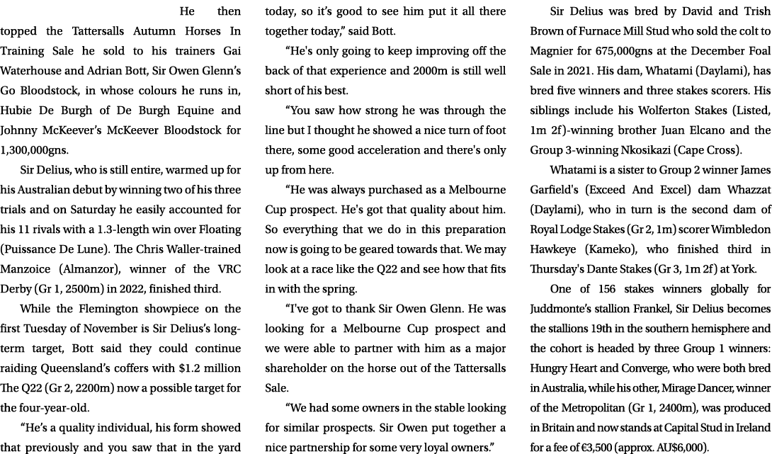 He then topped the Tattersalls Autumn Horses In Training Sale he sold to his trainers Gai Waterhouse and Adrian Bott,...