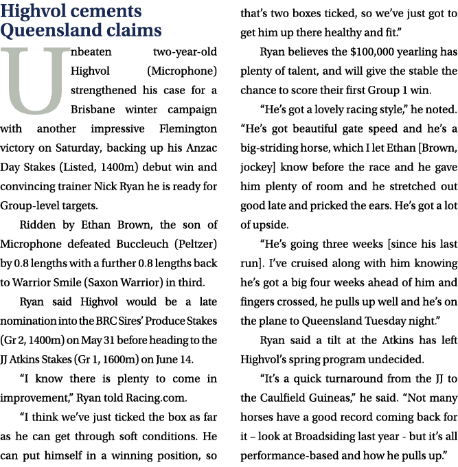 Highvol cements Queensland claims Unbeaten two year old Highvol (Microphone) strengthened his case for a Brisbane win...