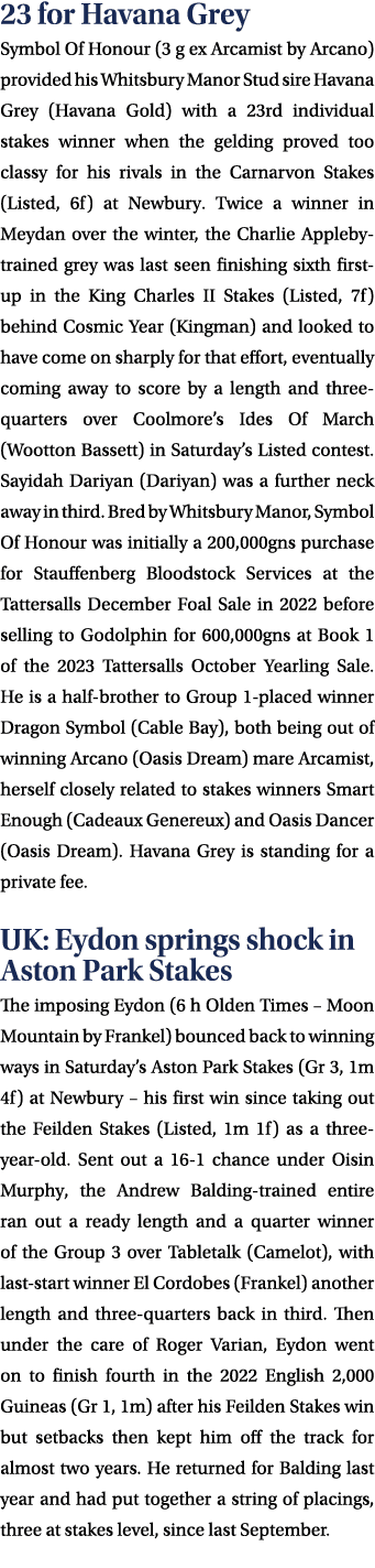 23 for Havana Grey Symbol Of Honour (3 g ex Arcamist by Arcano) provided his Whitsbury Manor Stud sire Havana Grey (H...