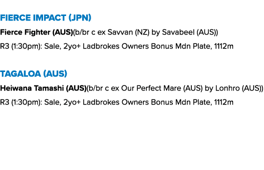 Fierce Impact (JPN) Fierce Fighter (AUS)(b/br c ex Savvan (NZ) by Savabeel (AUS)) R3 (1:30pm): Sale, 2yo+ Ladbrokes O...
