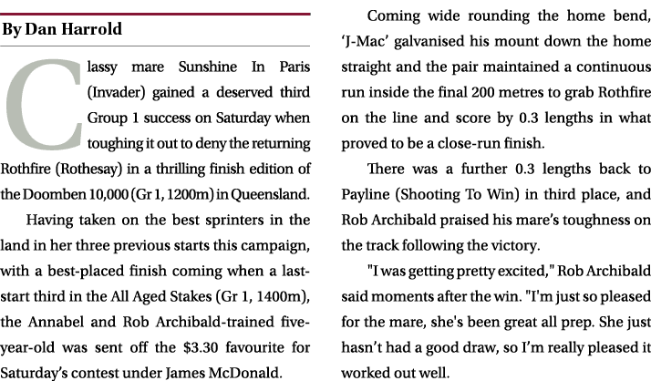 ￼ Classy mare Sunshine In Paris (Invader) gained a deserved third Group 1 success on Saturday when toughing it out to...