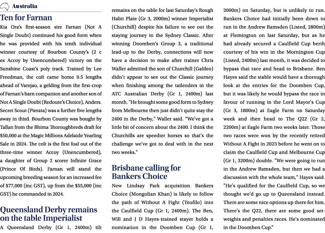 ￼ Ten for Farnan Kia Ora’s first season sire Farnan (Not A Single Doubt) continued his good form when he was provided...
