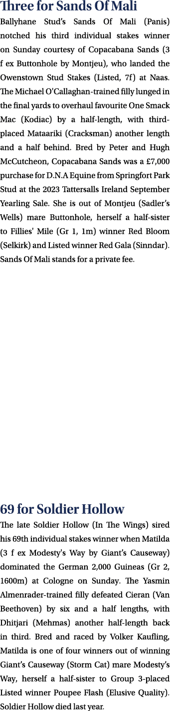 Three for Sands Of Mali Ballyhane Stud’s Sands Of Mali (Panis) notched his third individual stakes winner on Sunday c...