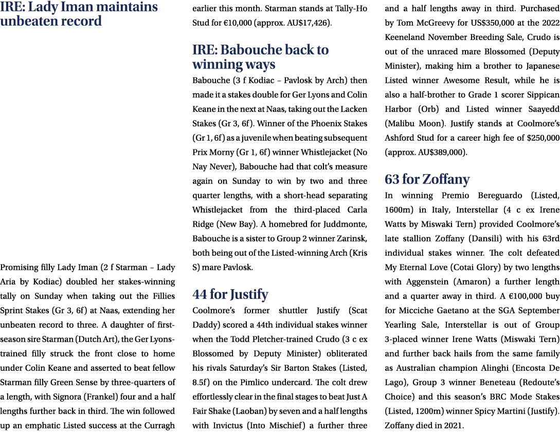 IRE: Lady Iman maintains unbeaten record Promising filly Lady Iman (2 f Starman – Lady Aria by Kodiac) doubled her st...