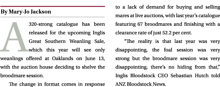 ￼ A 320 strong catalogue has been released for the upcoming Inglis Great Southern Weanling Sale, which this year will...