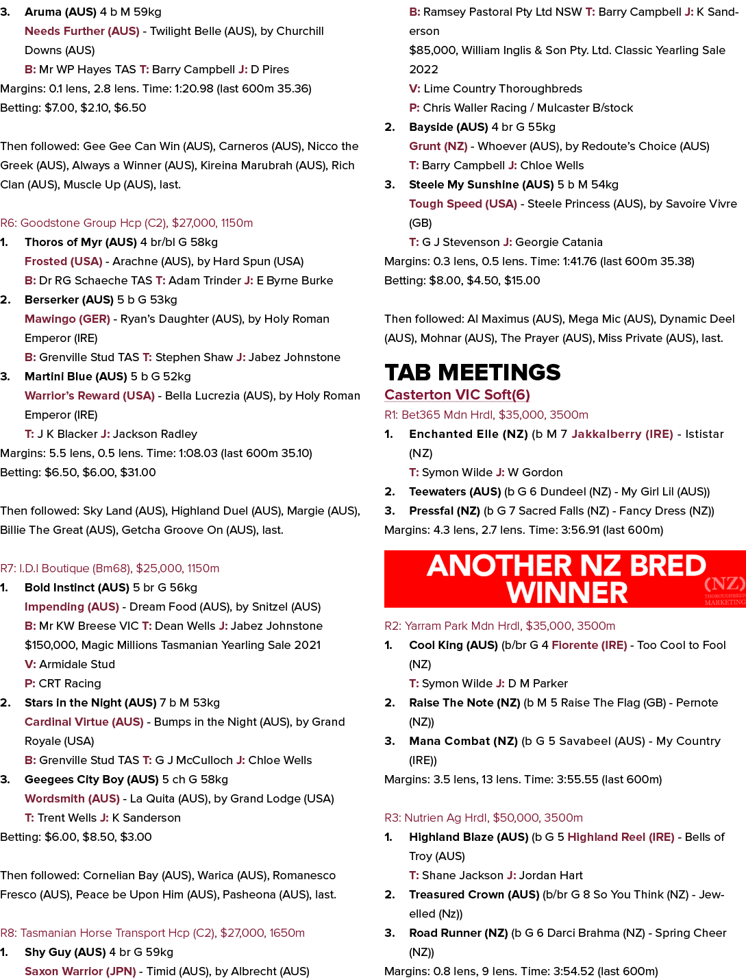 3. Aruma (AUS) 4 b M 59kg Needs Further (AUS) Twilight Belle (AUS), by Churchill Downs (AUS) B: Mr WP Hayes TAS T: Ba...