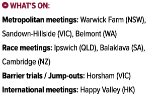 ￼ What's on: Metropolitan meetings: Warwick Farm (NSW), Sandown Hillside (VIC), Belmont (WA) Race meetings: Ipswich (...