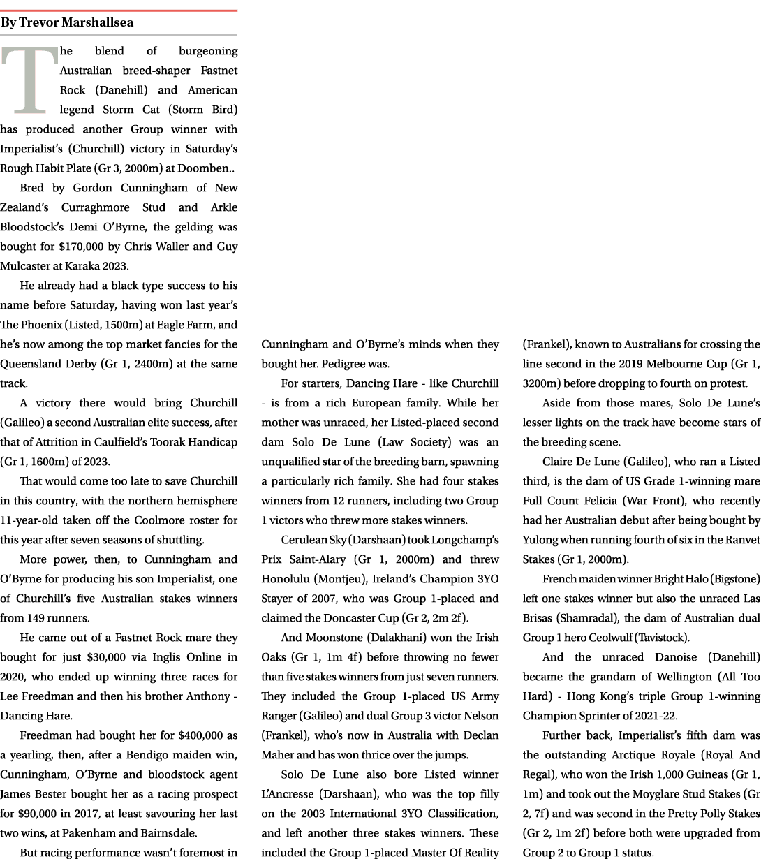 ￼ The blend of burgeoning Australian breed shaper Fastnet Rock (Danehill) and American legend Storm Cat (Storm Bird) ...
