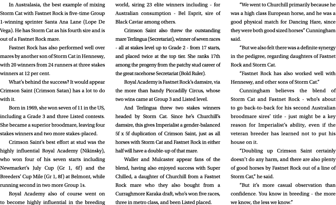 In Australasia, the best example of mixing Storm Cat with Fastnet Rock is five time Group 1 winning sprinter Santa An...