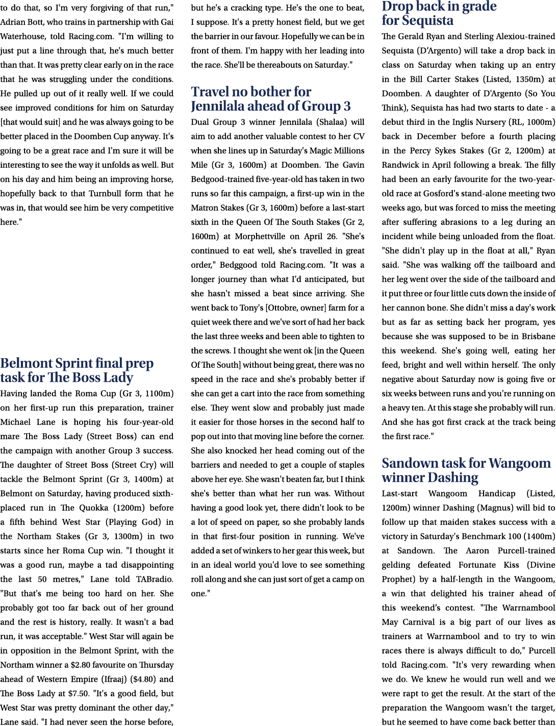 to do that, so I'm very forgiving of that run,\“ Adrian Bott, who trains in partnership with Gai Waterhouse, told Rac...