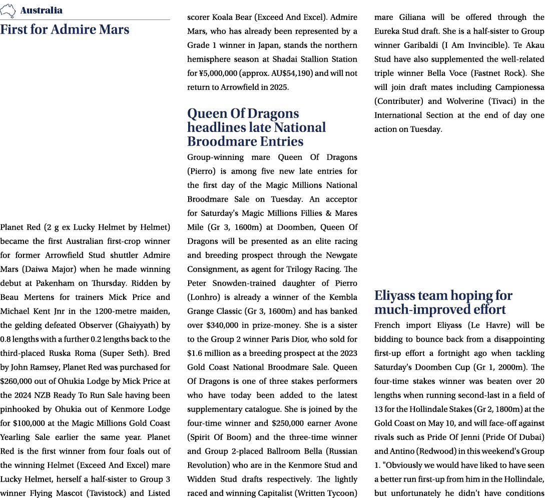 ￼ First for Admire Mars Planet Red (2 g ex Lucky Helmet by Helmet) became the first Australian first crop winner for ...