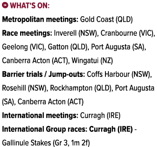 ￼ What's on: Metropolitan meetings: Gold Coast (QLD) Race meetings: Inverell (NSW), Cranbourne (VIC), Geelong (VIC), ...