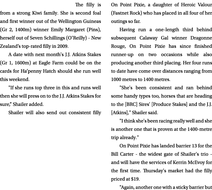 The filly is from a strong Kiwi family. She is second foal and first winner out of the Wellington Guineas (Gr 2, 1400...