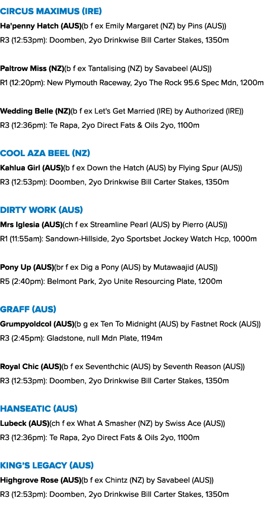 Circus Maximus (IRE) Ha'penny Hatch (AUS)(b f ex Emily Margaret (NZ) by Pins (AUS)) R3 (12:53pm): Doomben, 2yo Drinkw...
