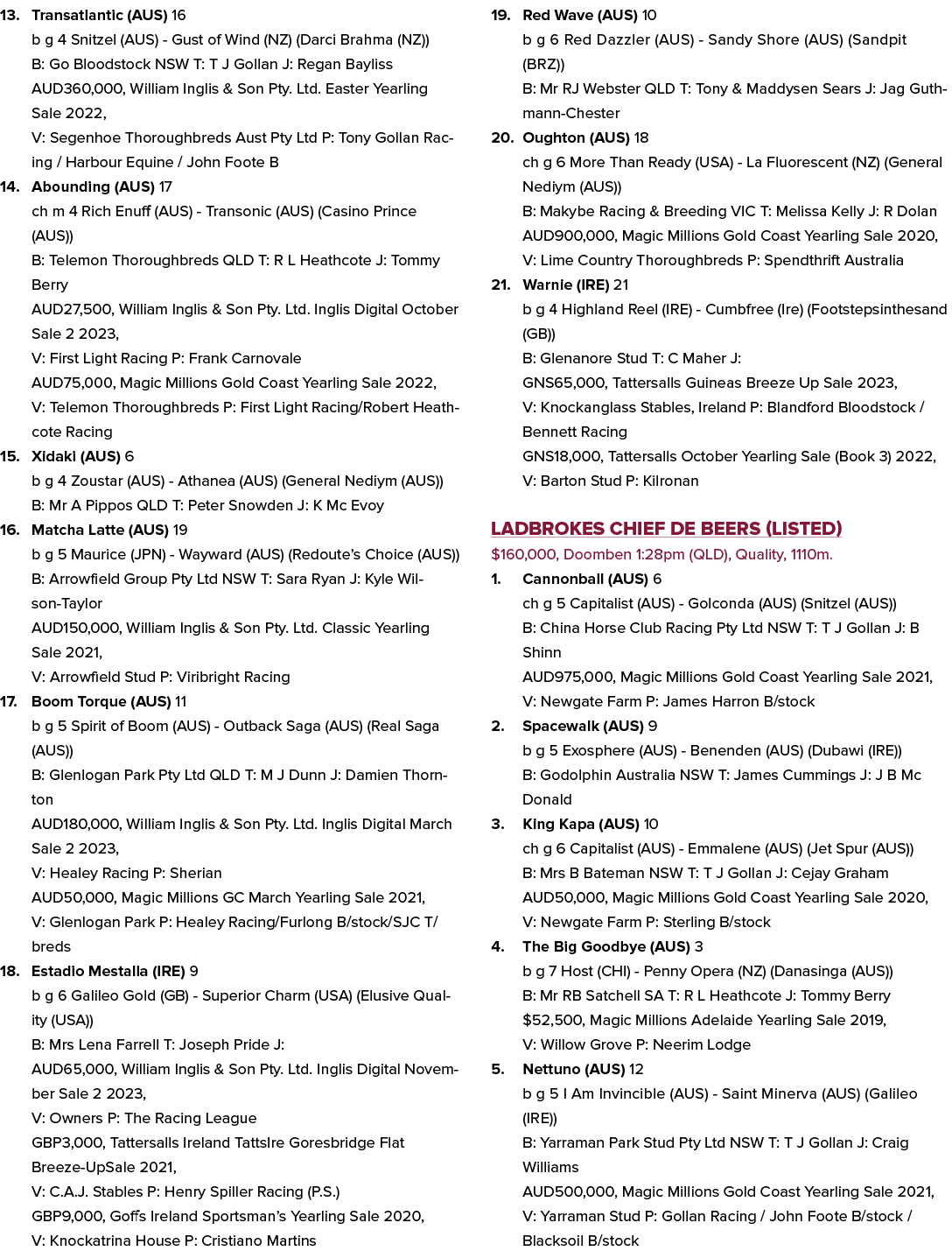 13. Transatlantic (AUS) 16 b g 4 Snitzel (AUS) Gust of Wind (NZ) (Darci Brahma (NZ)) B: Go Bloodstock NSW T: T J Goll...