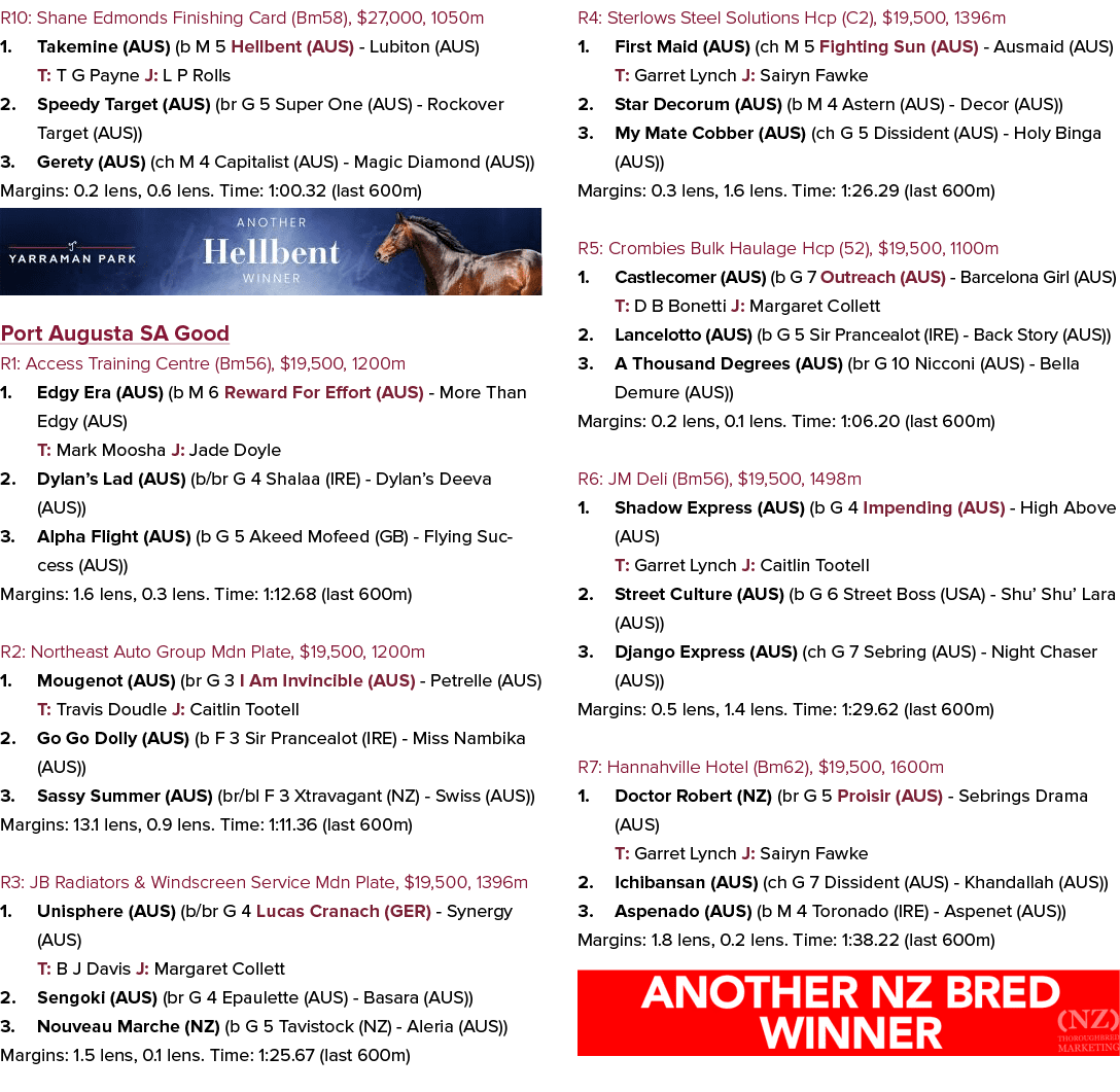 R10: Shane Edmonds Finishing Card (Bm58), $27,000, 1050m 1. Takemine (AUS) (b M 5 Hellbent (AUS) Lubiton (AUS) T: T G...