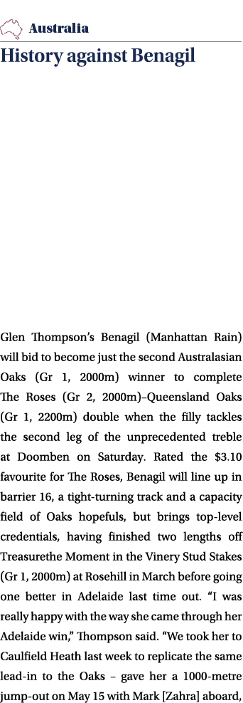 ￼ History against Benagil Glen Thompson’s Benagil (Manhattan Rain) will bid to become just the second Australasian Oa...