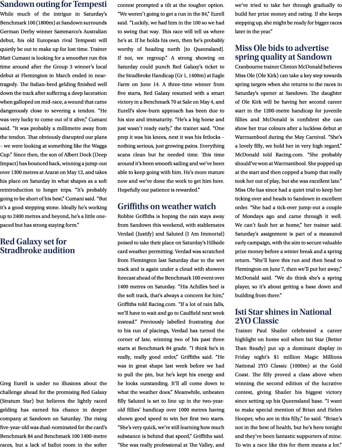 Sandown outing for Tempesti While much of the intrigue in Saturday’s Benchmark 100 (1800m) at Sandown surrounds Germa...