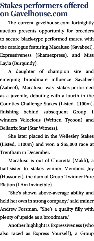 Stakes performers offered on Gavelhouse.com The current gavelhouse.com fortnightly auction presents opportunity for b...