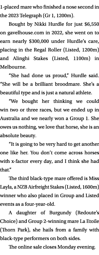 1 placed mare who finished a nose second in the 2023 Telegraph (Gr 1, 1200m). Bought by Nikki Hurdle for just $6,550 ...