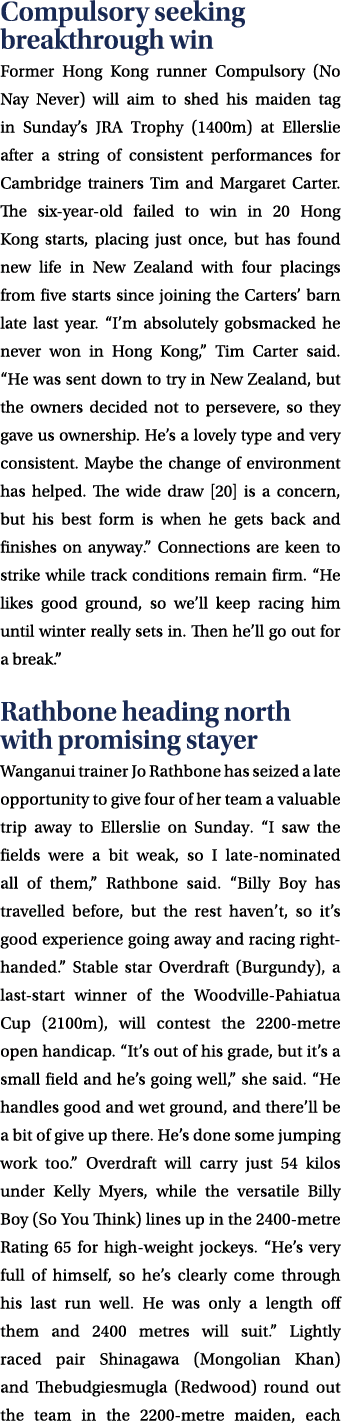 Compulsory seeking breakthrough win Former Hong Kong runner Compulsory (No Nay Never) will aim to shed his maiden tag...
