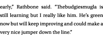 early,” Rathbone said. “Thebudgiesmugla is still learning but I really like him. He’s green now but will keep improvi...