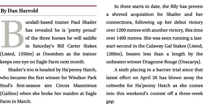 ￼ Bundall based trainer Paul Shailer has revealed he is 'pretty proud' of the three horses he will saddle in Saturday...