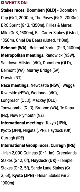 ￼ What's on: Stakes races: Doomben (QLD) Doomben Cup (Gr 1, 2000m), The Roses (Gr 2, 2000m), BRC Sprint (Gr 3, 1350m)...