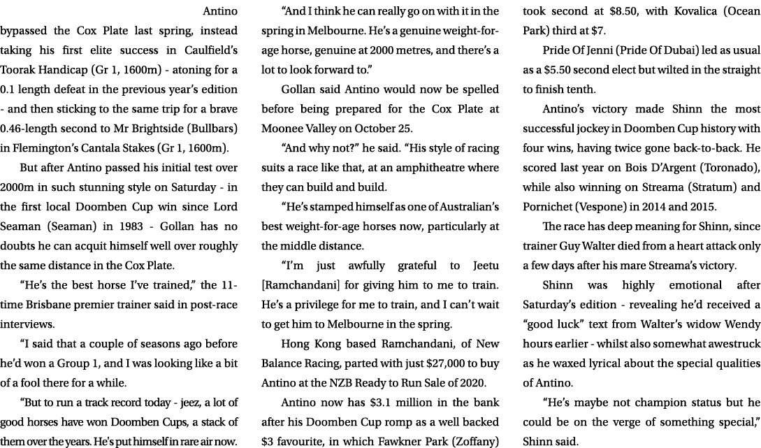  Antino bypassed the Cox Plate last spring, instead taking his first elite success in Caulfield’s Toorak Handicap (Gr...