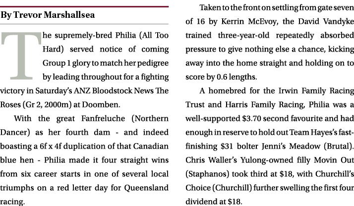 ￼ The supremely bred Philia (All Too Hard) served notice of coming Group 1 glory to match her pedigree by leading thr...
