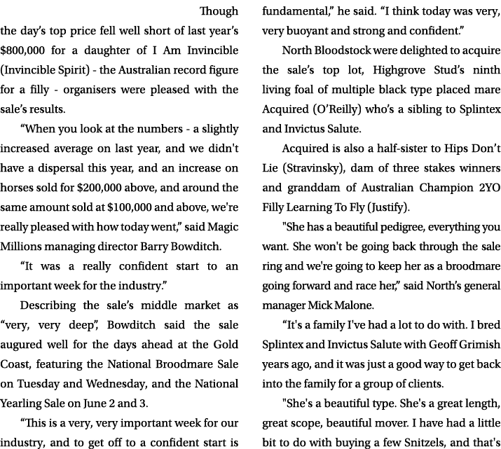  Though the day’s top price fell well short of last year’s $800,000 for a daughter of I Am Invincible (Invincible Spi...