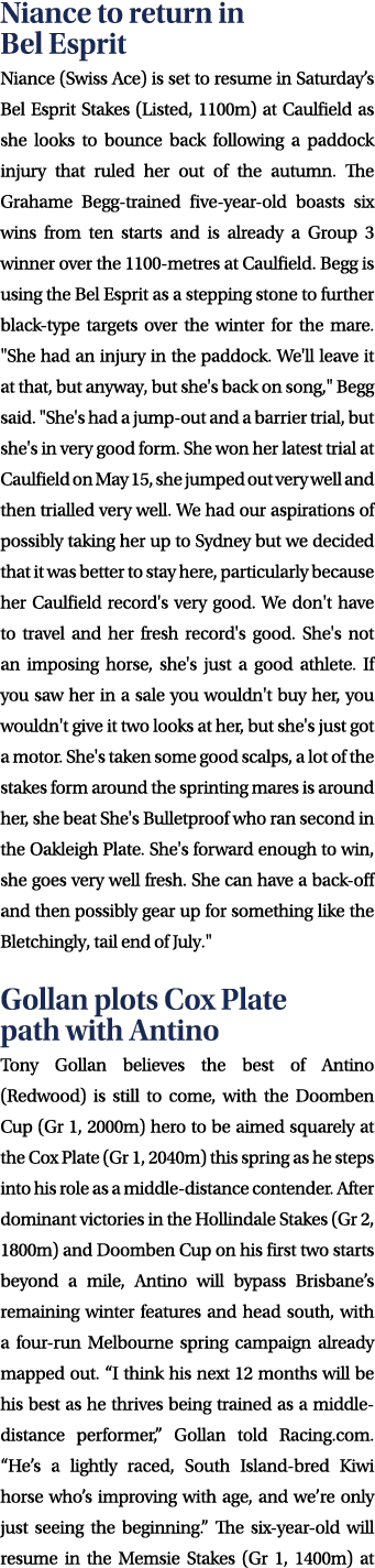 Niance to return in Bel Esprit Niance (Swiss Ace) is set to resume in Saturday’s Bel Esprit Stakes (Listed, 1100m) at...