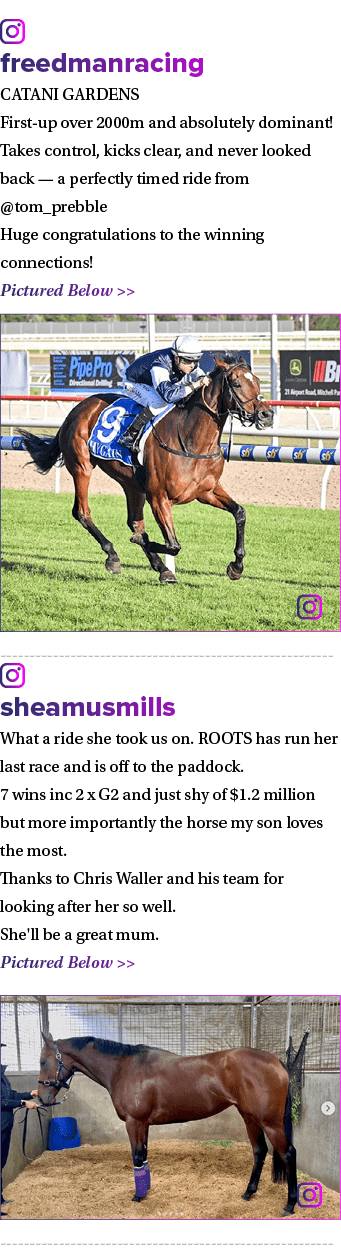 ￼ freedmanracing CATANI GARDENS First up over 2000m and absolutely dominant! Takes control, kicks clear, and never lo...