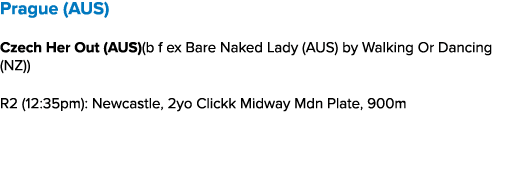Prague (AUS) Czech Her Out (AUS)(b f ex Bare Naked Lady (AUS) by Walking Or Dancing (NZ)) R2 (12:35pm): Newcastle, 2y...