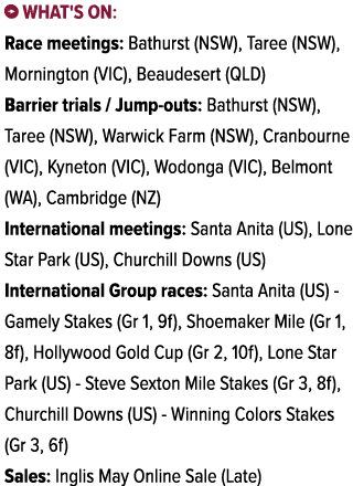 ￼ What's on: Race meetings: Bathurst (NSW), Taree (NSW), Mornington (VIC), Beaudesert (QLD) Barrier trials / Jump out...