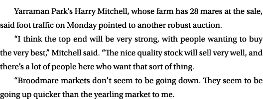 Yarraman Park’s Harry Mitchell, whose farm has 28 mares at the sale, said foot traffic on Monday pointed to another r...