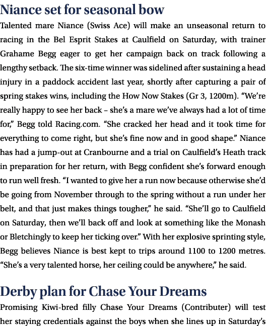 Niance set for seasonal bow Talented mare Niance (Swiss Ace) will make an unseasonal return to racing in the Bel Espr...