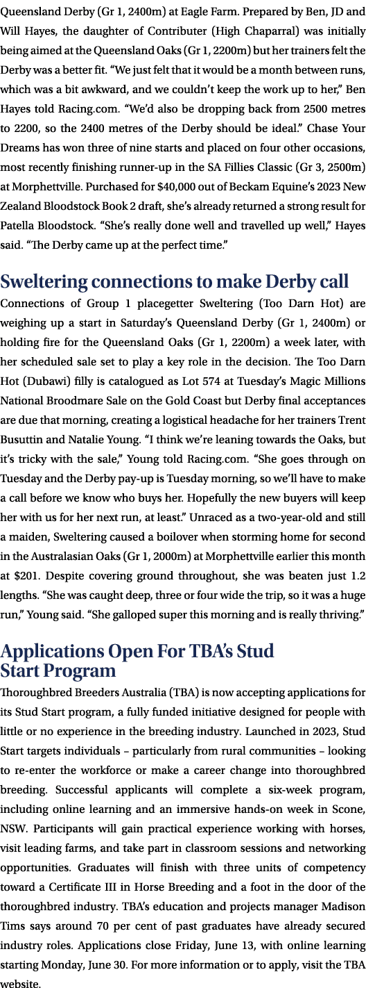 Queensland Derby (Gr 1, 2400m) at Eagle Farm. Prepared by Ben, JD and Will Hayes, the daughter of Contributer (High C...