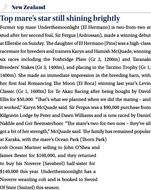 ￼ Top mare’s star still shining brightly Former top mare Underthemoonlight (El Hermano) is two from two at stud after...