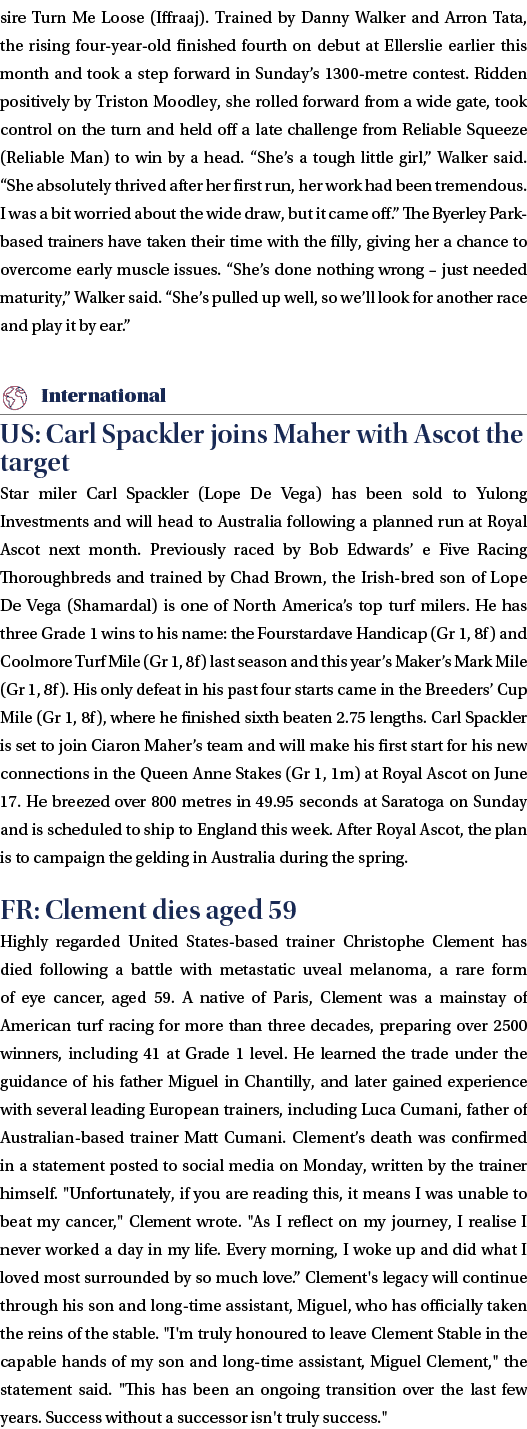 sire Turn Me Loose (Iffraaj). Trained by Danny Walker and Arron Tata, the rising four year old finished fourth on deb...