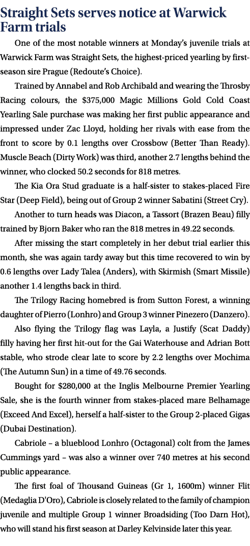 Straight Sets serves notice at Warwick Farm trials One of the most notable winners at Monday’s juvenile trials at War...