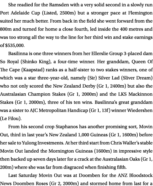 She readied for the Ramsden with a very solid second in a slowly run Port Adelaide Cup (Listed, 2500m) but a stronger...