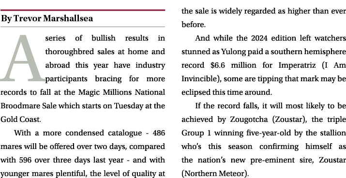 ￼ A series of bullish results in thoroughbred sales at home and abroad this year have industry participants bracing f...