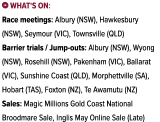 ￼ What's on: Race meetings: Albury (NSW), Hawkesbury (NSW), Seymour (VIC), Townsville (QLD) Barrier trials / Jump out...