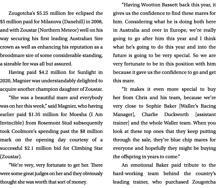 Zougotcha’s $5.25 million fee eclipsed the $5 million paid for Milanova (Danehill) in 2008, and with Zoustar (Norther...